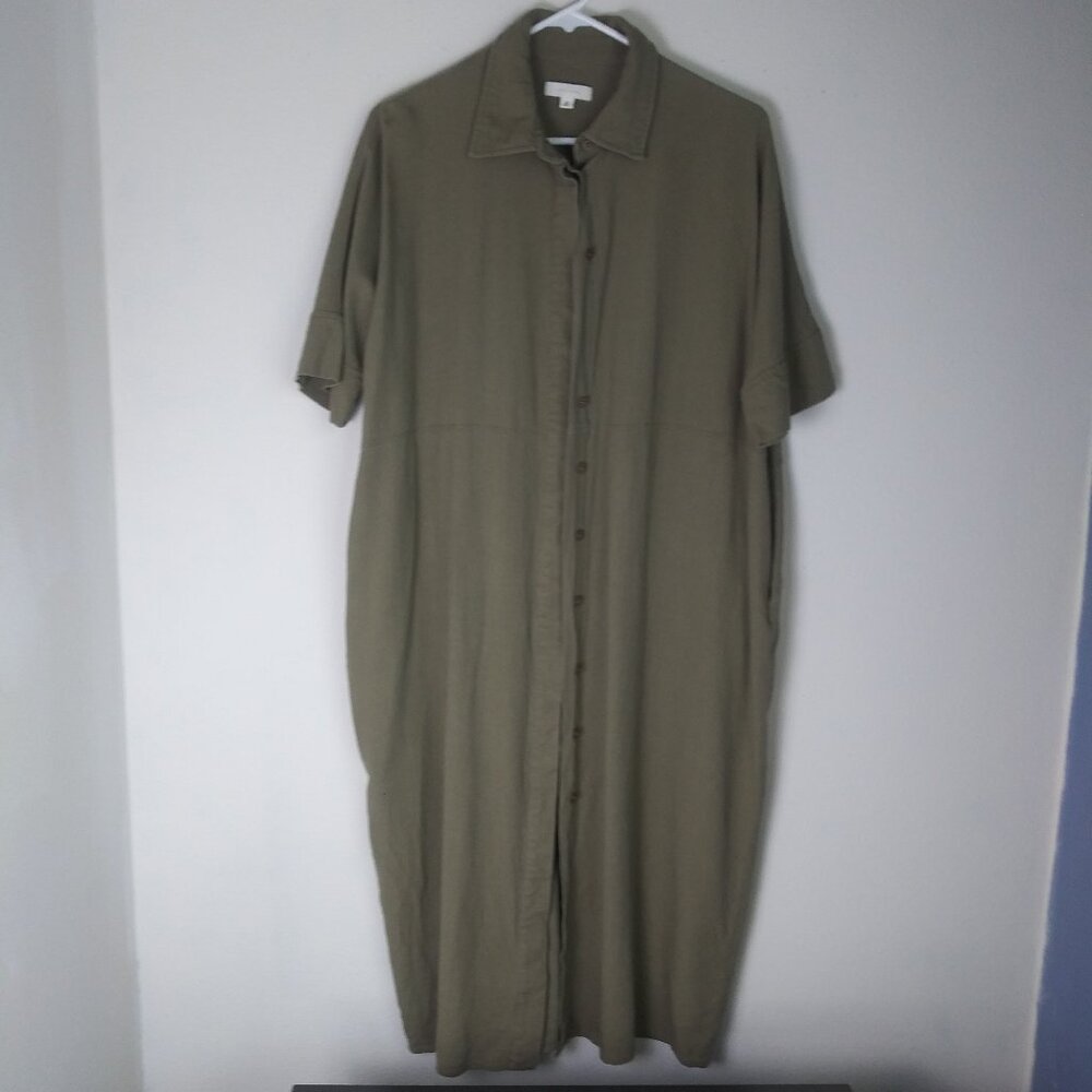 all : row Linen Blend Button Down Olive Green Midi Dress Size M EUC Lagom